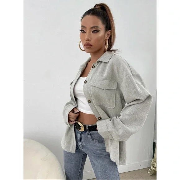 Flap Pocket Drop Shoulder Overcoat Grey Size M - Picture 3 of 6